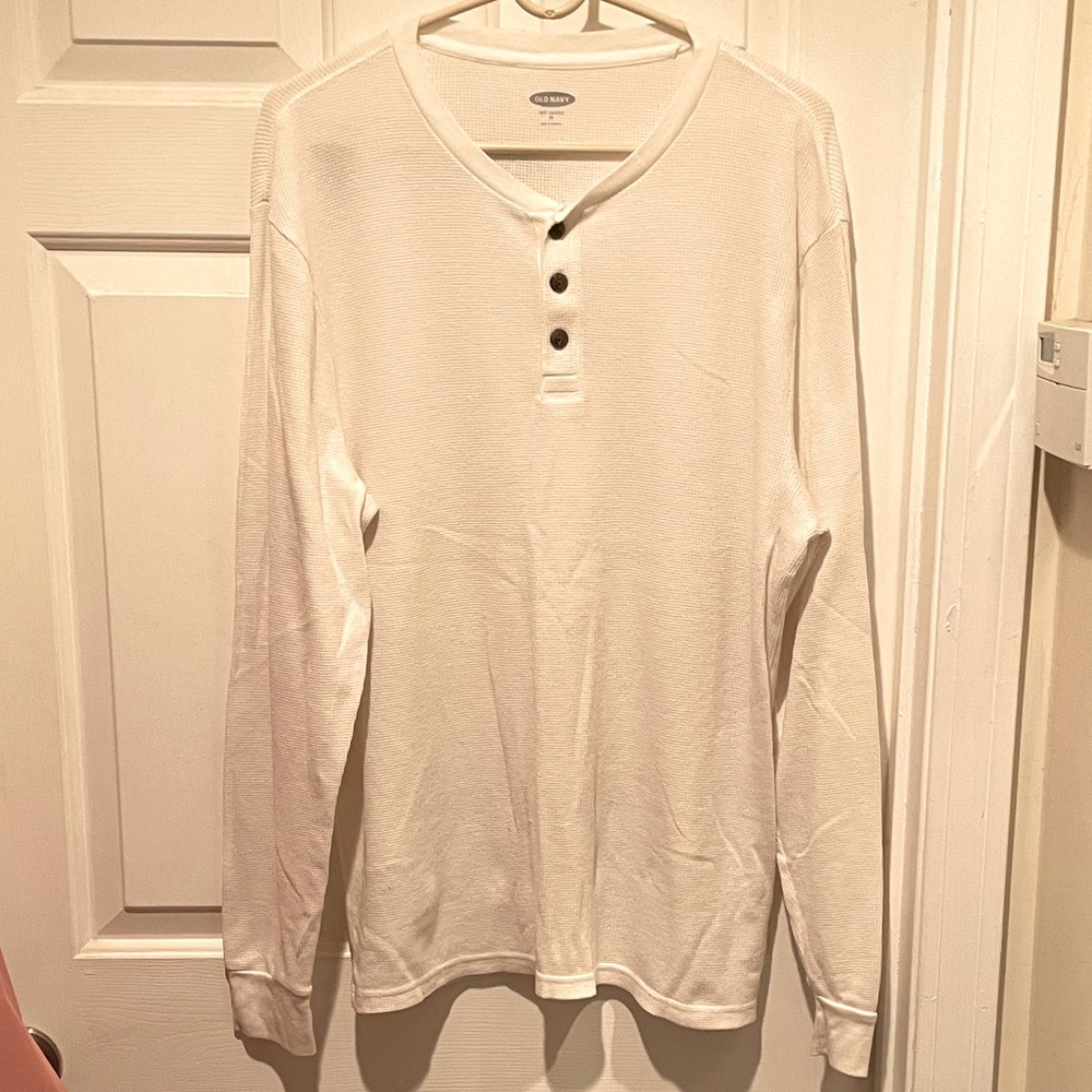 Men’s Old Navy White Henley Waffle Knit Long Sleeve Shirt Size XL Thermal